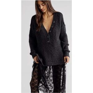 Free People Whistle Thermal Henley - washed black combo